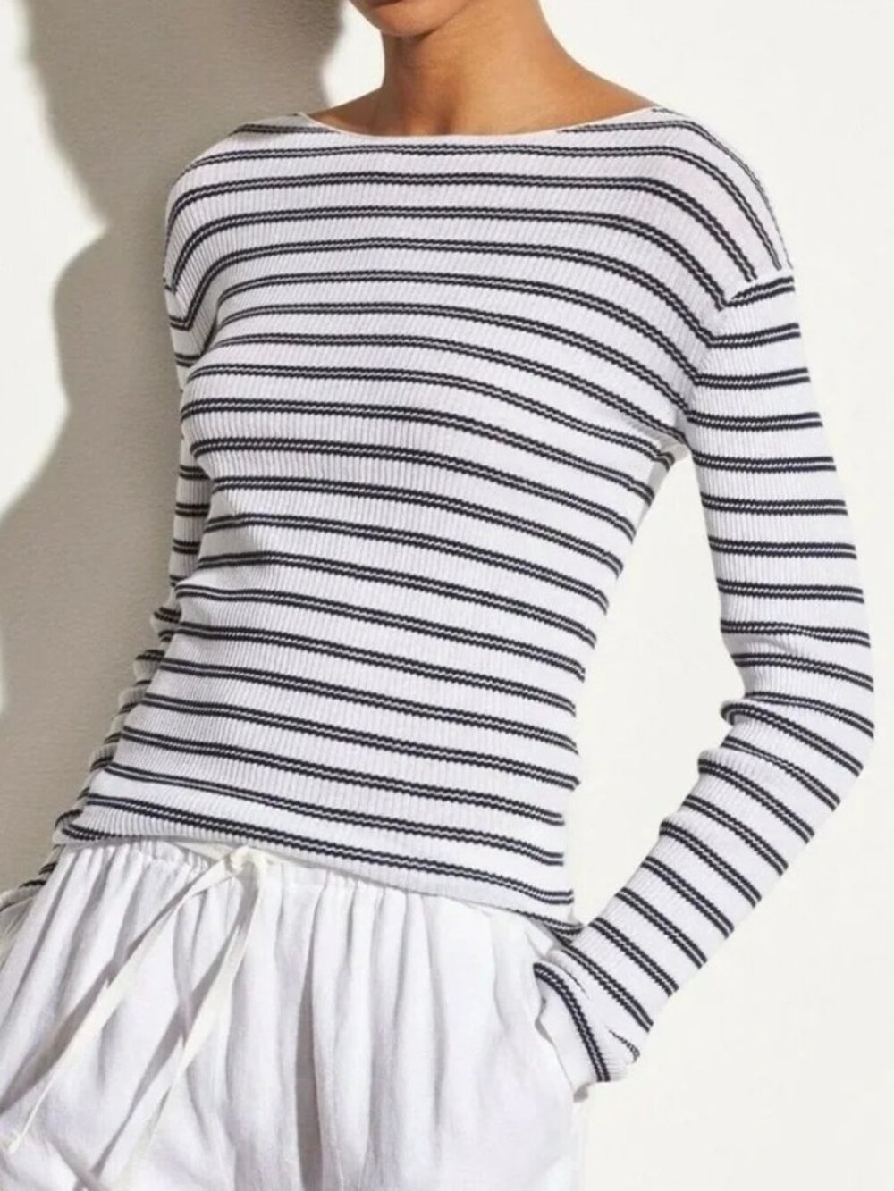 VINCE Striped Ribbed Boatneck Cotton Sweater Medium Navy White